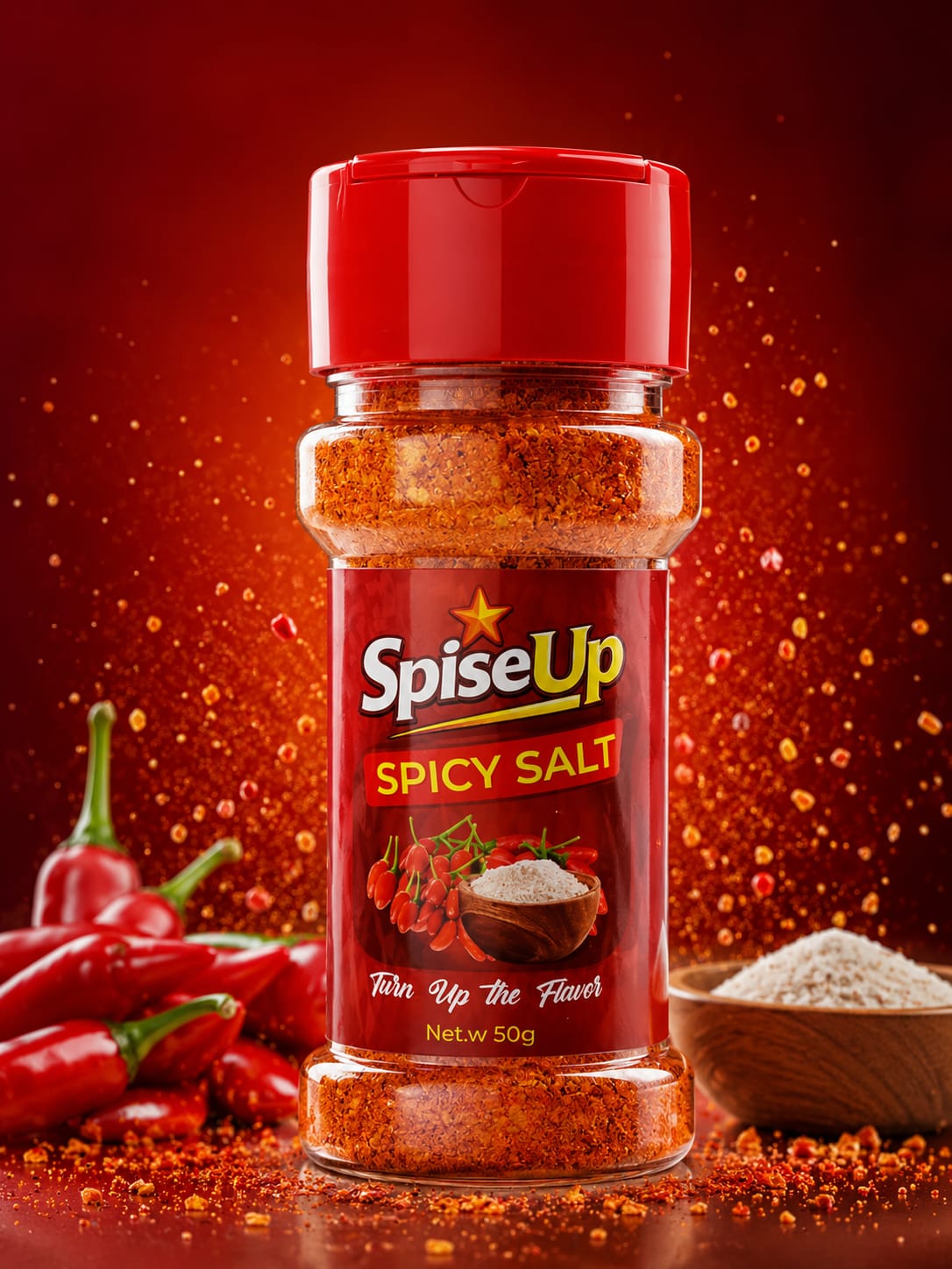 SpiseUp Spicy Salt bottle with fresh chili peppers