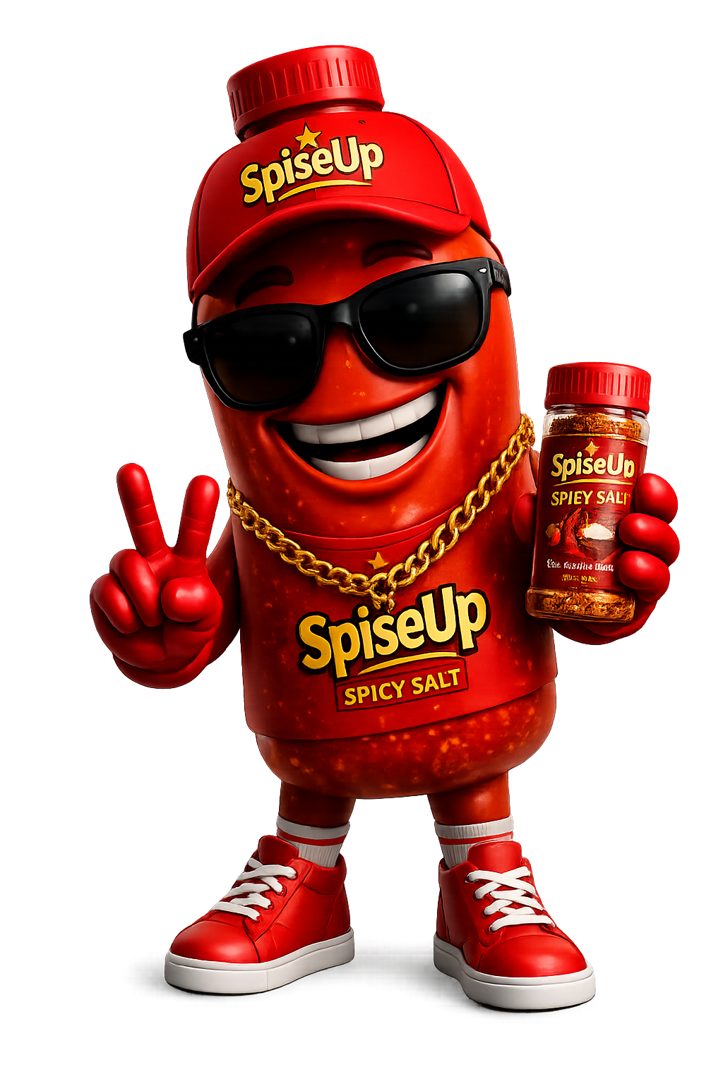 The SpiseUp mascot — a cheerful red bottle character in sneakers and a gold chain, holding a SpiseUp Spicy Salt bottle
